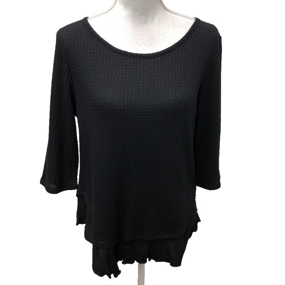 Sinuous Waffle Knit Top Womens Medium Black 3/4 Sleeve Goth Grunge Emo